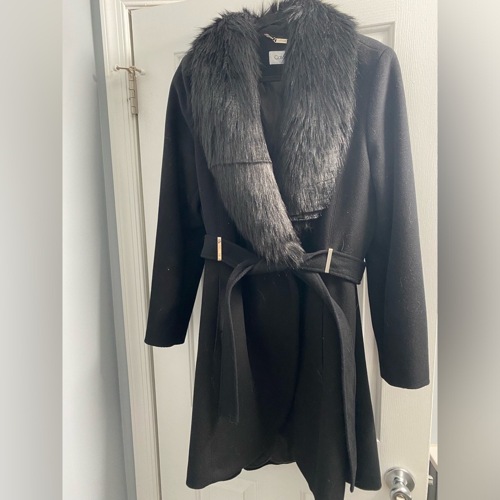 Calvin Klein belted Black Coat with Faux Fur Collar